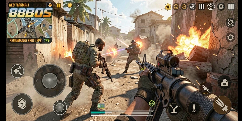 Tangkapan layar gameplay 88BOS menampilkan aksi menegangkan di medan perang.