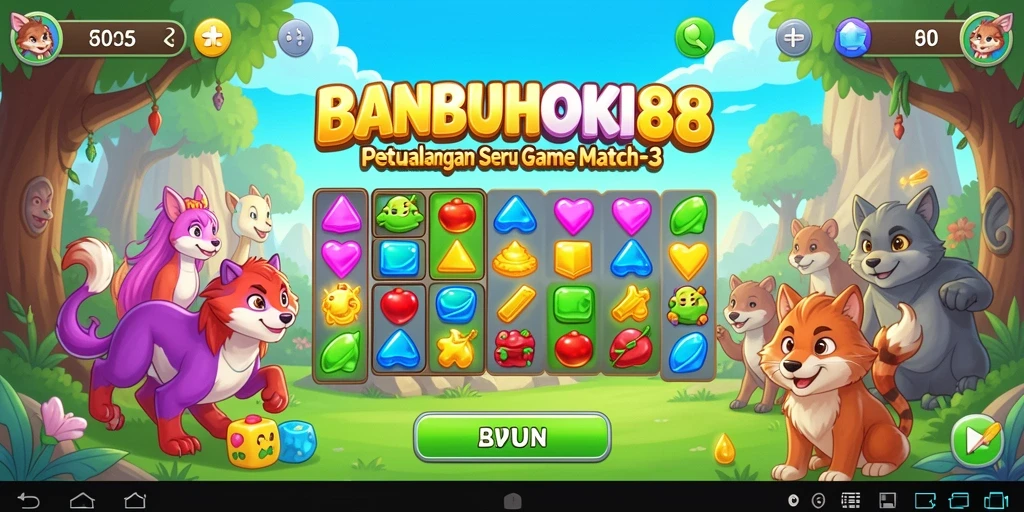 Screenshot utama BANBUHOKI88 menampilkan aksi seru gameplay Match-3.