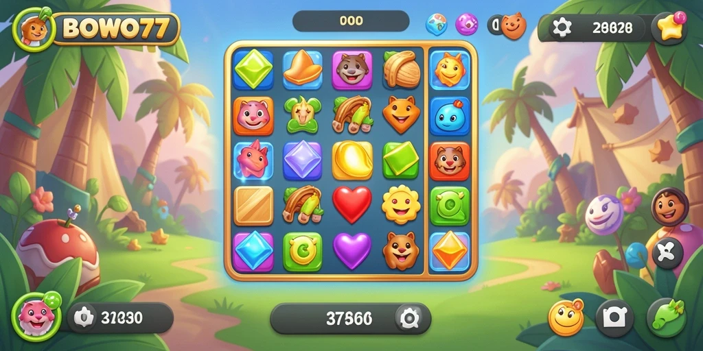 Screenshot gameplay BOWO77 dengan tampilan objek Match-3 yang cerah.
