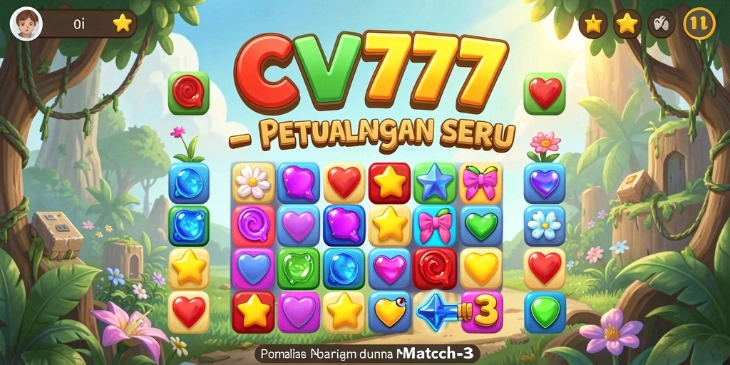 Screenshot gameplay CV777 menunjukkan serunya mencocokkan elemen dalam dunia Match-3.