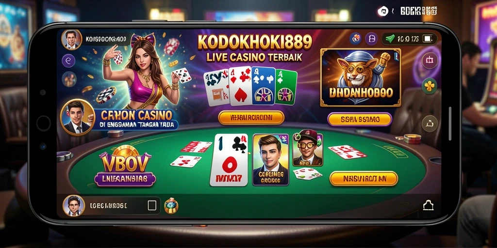Screenshot gameplay KODOKHOKI889 menampilkan dealer langsung dan pemain di meja.
