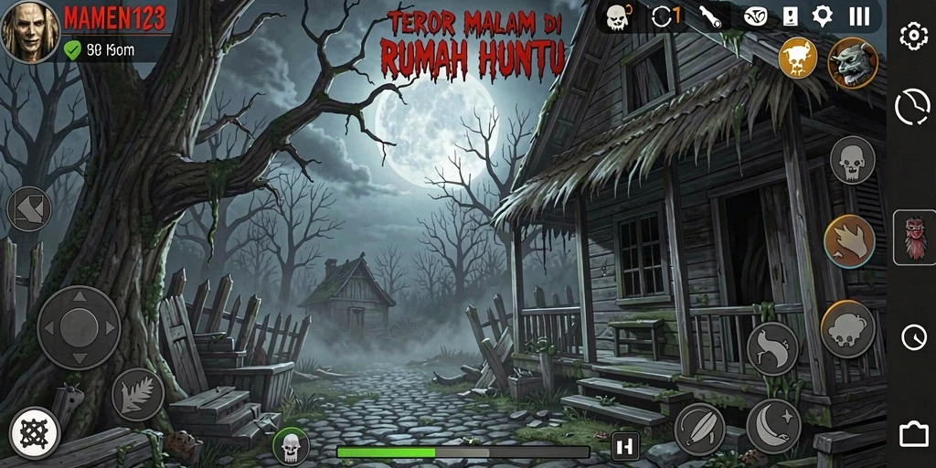 Tangkapan layar gameplay MAMEN123 menampilkan suasana menyeramkan yang mendebarkan.