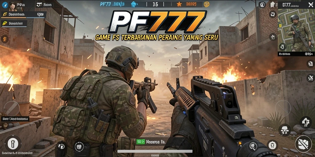 Screenshot PF777 yang menunjukkan aksi tembak-menembak di medan perang yang intens.