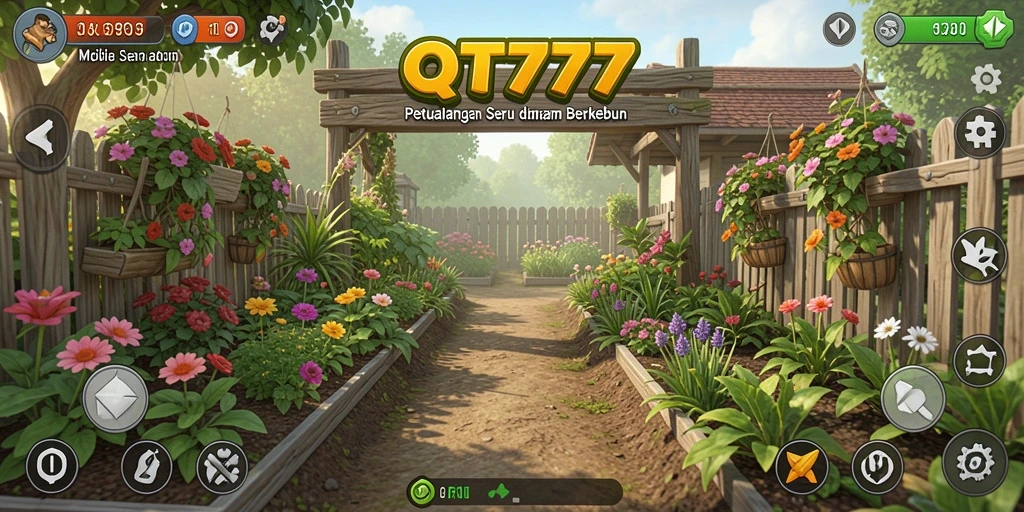 Tampilan gameplay <strong>QT777</strong> menampilkan kebun yang subur dan aktif.